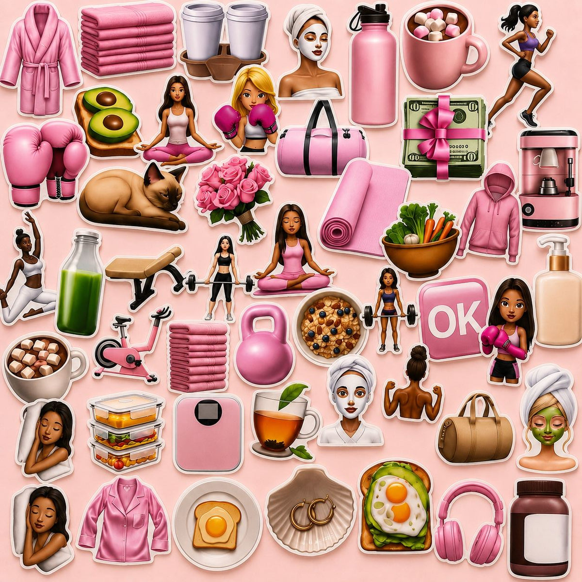 Colorful collection of emojis featuring lifestyle, fitness, and wellness items centered around self-care and creativity.